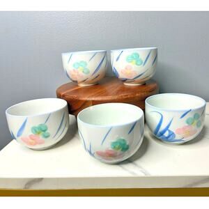 Vintage Japanese Porcelain Tea Bowls Hand Painted Floral Set 5